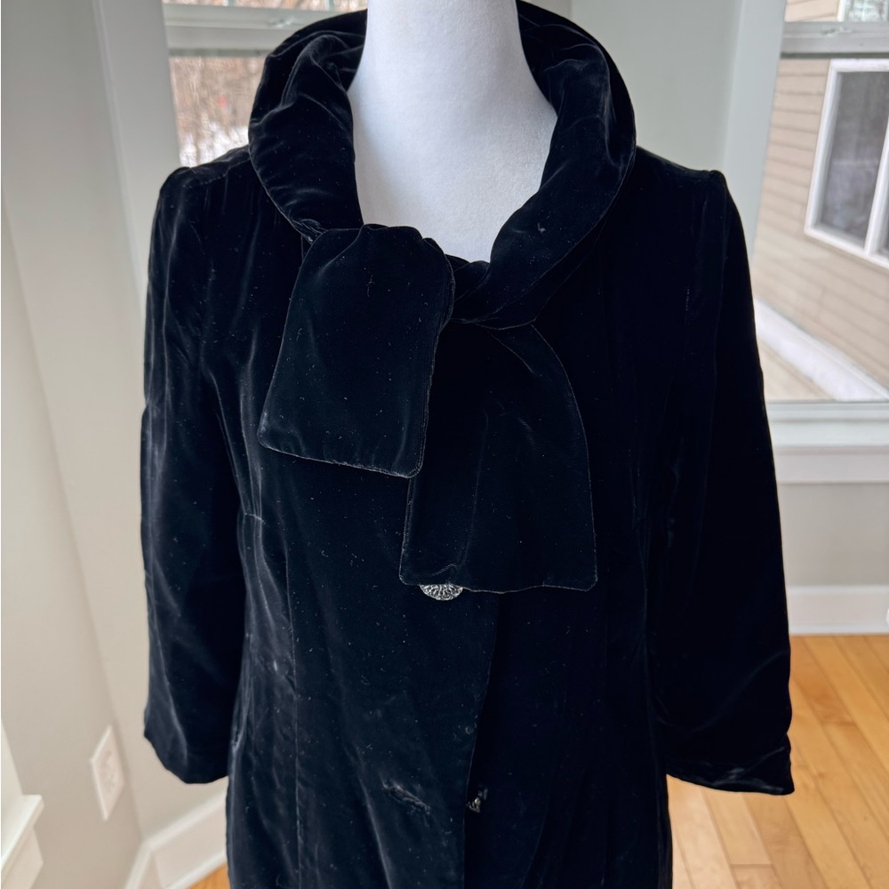 Vintage Black Velvet Tie Neck Ankle Length Dress Coat Size Small - Picture 2 of 15